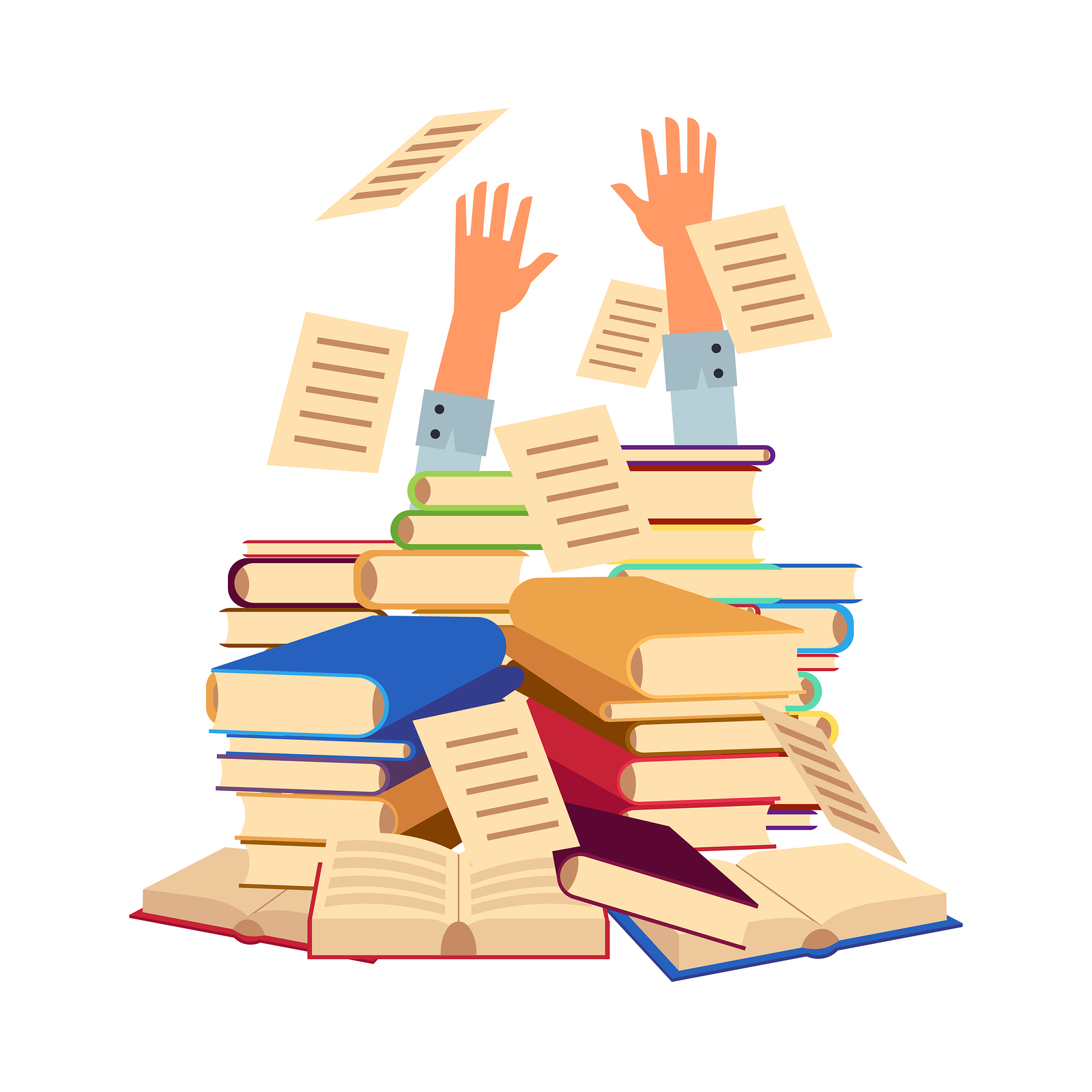Hands Sticking Out from under pile of Books